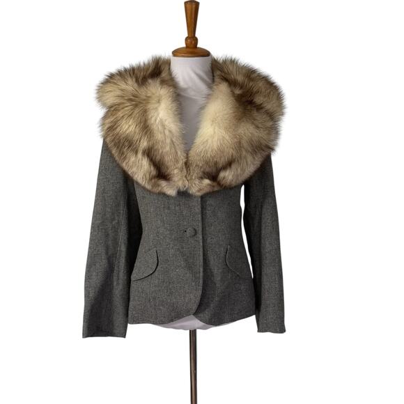 Vintage Lilli Ann Gray Wool Fox Fur Trimmed Blazer Jacket Skirt Suit S - Picture 6 of 10